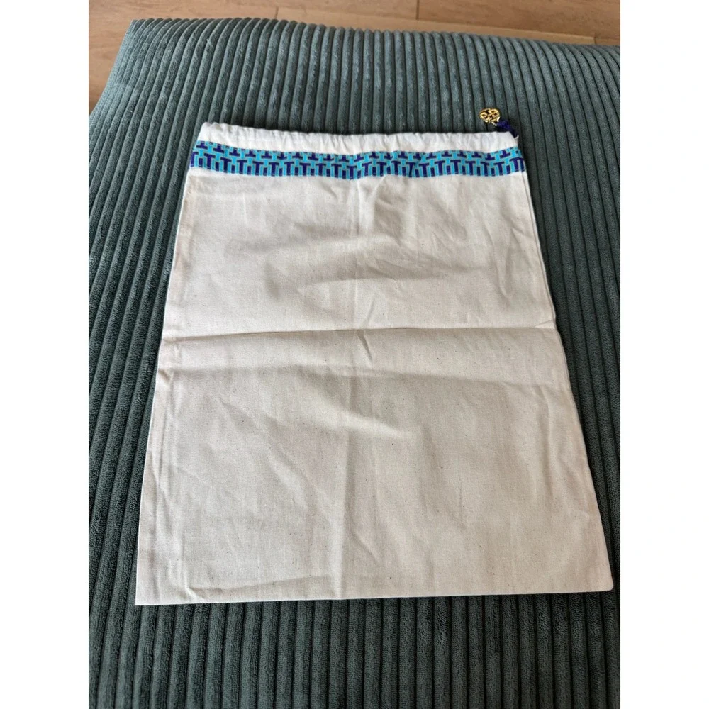 Tory Burch Dust Bag Pouch Beige Blue Logo Charm Drawstring Travel Accessory‎